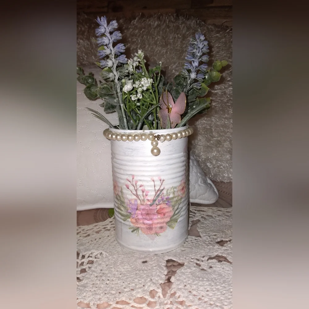 Unique Romantic Shabby Chic Tin Can Vase with Frosted Greenery & Faux Pearls